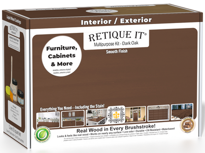 Retique It Multi-purpose Smooth Finish Kit in Dark Oak for interior top coat, featuring a matte wood finish and application tools.