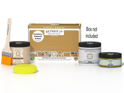 Retique It Multi-purpose Smooth Finish Kit in Old Oak for exterior wood projects, includes top coat and application tools.