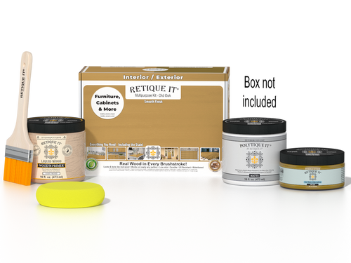 Retique It Multi-purpose Smooth Finish Kit in Old Oak for exterior wood projects, includes top coat and application tools.