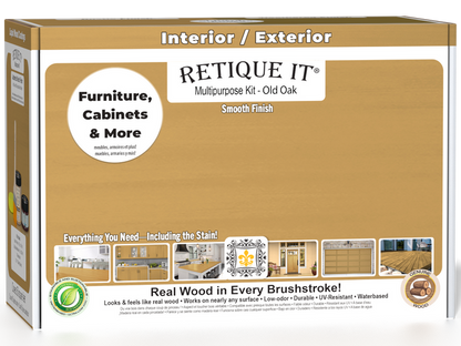 Retique It Multi-purpose Smooth Finish Kit (Med) in Old Oak for wood exterior top coat, includes application tools and wood stain.