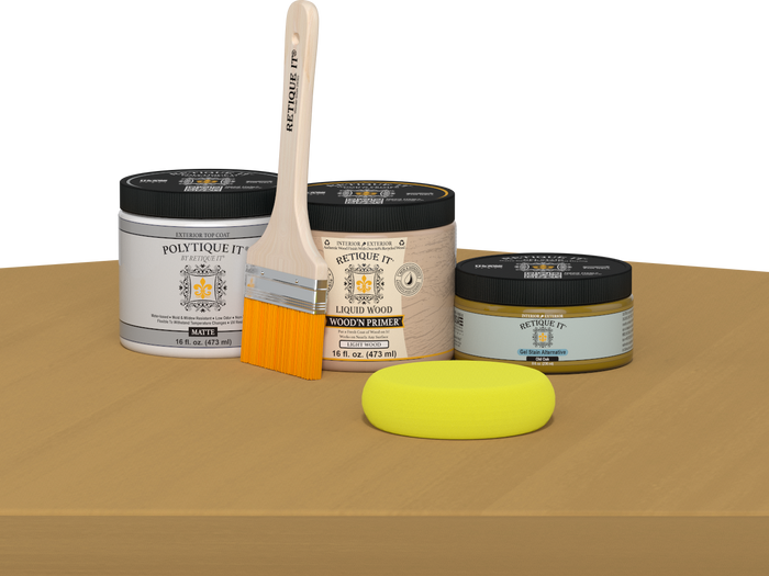 Retique It Multi-purpose Smooth Finish Kit in Old Oak for exterior wood projects, featuring a matte top coat for a sleek finish.