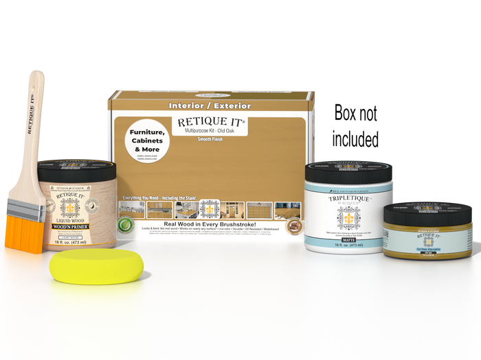 Retique It Multi-purpose Smooth Finish Kit in Old Oak for interior wood top coating, shown with application tools and wood sample.