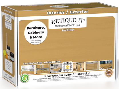 Retique It Multi-purpose Smooth Finish Kit in Old Oak, interior top coat for wood furniture and surfaces, includes application tools.