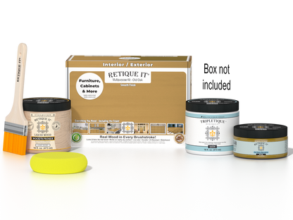 Retique It Multi-purpose Smooth Finish Kit in Old Oak for interior wood surfaces, includes top coat and application tools.