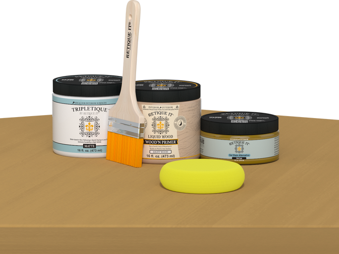 Retique It Multi-purpose Smooth Finish Kit in Old Oak for interior wood projects, with matte top coat and application tools.