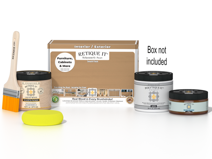 Retique It Multi-purpose Smooth Finish Kit in Pecan for exterior wood surfaces, includes top coat and application tools.