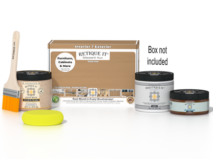 Retique It Multi-purpose Smooth Finish Kit in Pecan for exterior wood surfaces, includes top coat and application tools.