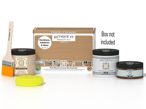 Retique It Multi-purpose Smooth Finish Kit in Pecan for exterior wood surfaces, includes top coat and application tools.