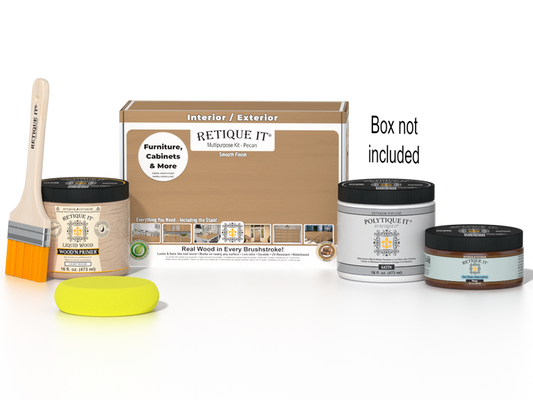 Retique It Multi-purpose Smooth Finish Kit in Pecan for exterior wood surfaces, includes top coat and application tools.