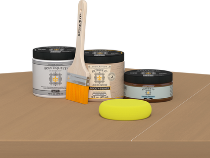 Retique It Multi-purpose Smooth Finish Kit in Pecan for exterior wood projects, featuring a matte top coat and wood finish components.