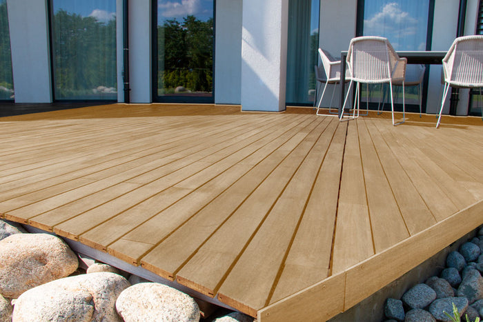 Retique It Multi-purpose Smooth Finish Kit in Pecan for exterior wood, showing the deck with a matte, smooth finish.