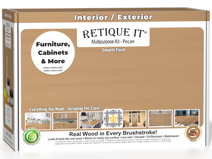 Retique It Multi-purpose Smooth Finish Kit (Med) in Pecan for exterior wood projects, featuring a matte top coat in a box.