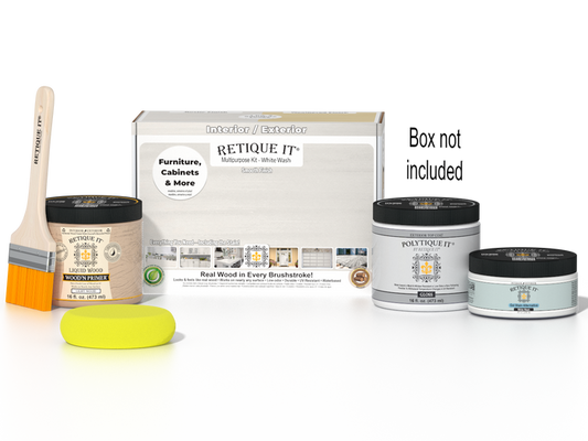 Retique It Multi-purpose Smooth Finish Kit in white wash for exterior wood, including top coat and application tools.
