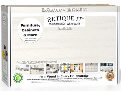 Retique It Multi-purpose Smooth Finish Kit (Med) in White Wash, exterior top coat with matte finish, for wood surfaces.