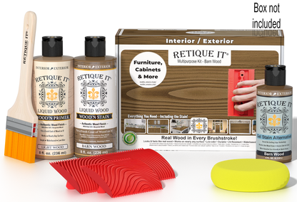 Retique It Wood'n Finish Kit in Barn Wood with applicator brush and finishing supplies for multi-purpose wood finishing.