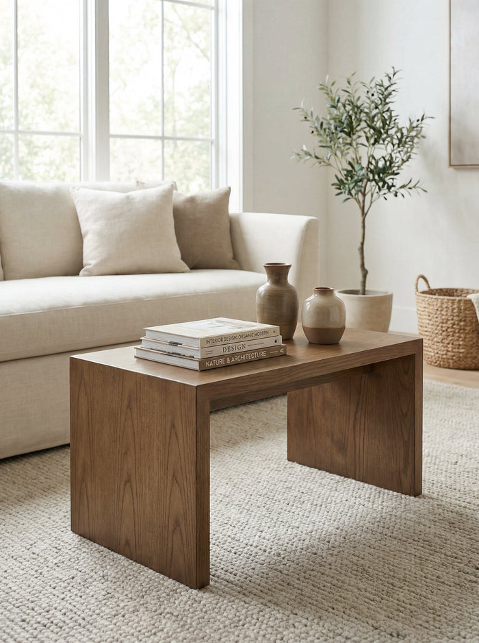 Warm neutral living room with a dark walnut coffee table, cream sofa, books, ceramic vases, and potted olive tree.
