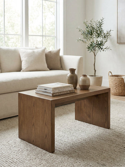 Warm neutral living room with a dark walnut coffee table, cream sofa, books, ceramic vases, and potted olive tree.
