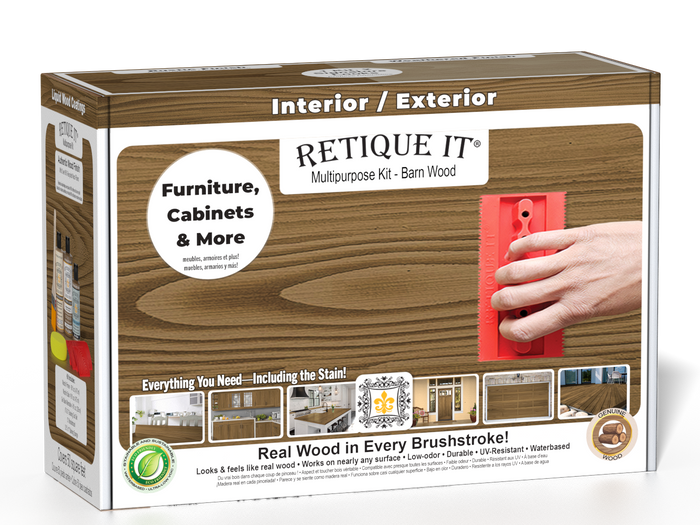Retique It Wood'n Finish Kit in barn wood style, featuring a kit box with wood finish supplies for multi-purpose woodworking projects.