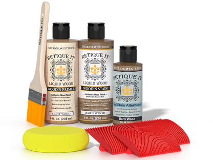 Retique It Wood'n Finish Kit in Barn Wood with multiple tools and finishes for multi-purpose woodworking projects.
