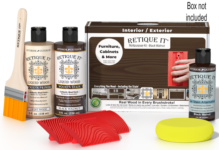 Retique It Wood'n Finish Kit in Black Walnut for multi-purpose wood finishing, shown with included components in a box.