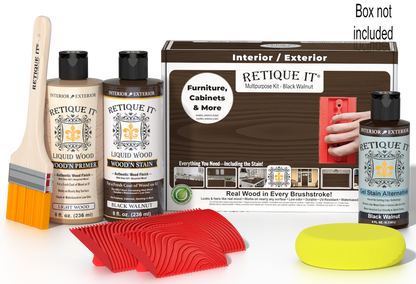 Retique It Wood'n Finish Kit in Black Walnut for multi-purpose wood finishing, shown with included components in a box.