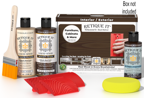 Retique It Wood'n Finish Kit in Black Walnut for multi-purpose wood finishing, shown with included components in a box.