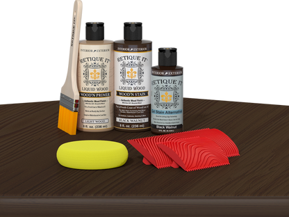 Black Walnut Wood'n Finish Kit from Retique It on table, multi-purpose wood finishing set with tools and products for wood projects.