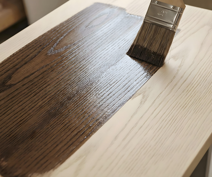 Wooden surface being stained with a brush