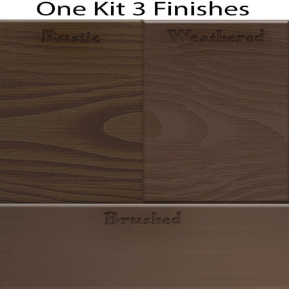 Swatch of Retique It Wood'n Finish Kit in black walnut with three different wood finish options on sample pieces.