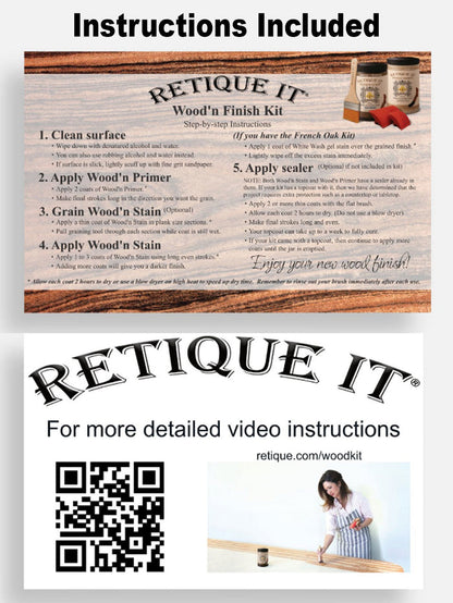 Retique It Wood'n Finish Kit in Black Walnut with detailed instructions for multi-purpose wood finishing and restoration.
