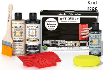 Retique It Wood'n Kit Classic Black finish set with brushes and instructions for multi-purpose wood finishing.