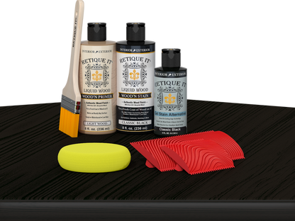 Retique It Wood'n Kit Classic Black finish, multi-purpose wood finishing kit displayed on a table.