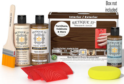 Retique It Wood'n Kit in Dark Oak finish, versatile wood finishing kit with tools and supplies for woodworking projects.