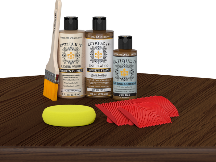 Multi-purpose Wood'n Kit in Dark Oak finish by Retique It on a table, showcasing wood finishing tools and supplies.