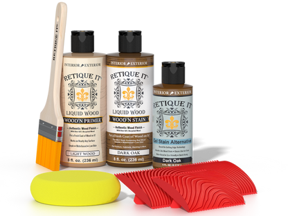 Retique It Wood'n Kit in Dark Oak finish, multi-purpose wood finishing kit with applicators and wood stain in a 3D image.