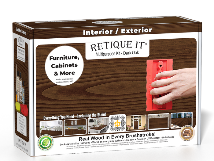 Retique It Wood'n Kit in Dark Oak finish, featuring a multi-purpose wood finish set with brushes and applicators in a sturdy box