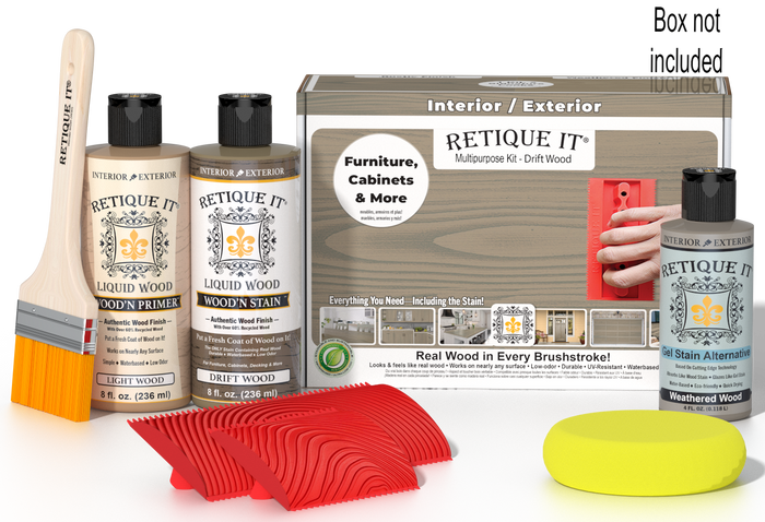 Retique It Wood'n Finish Kit in Drift Wood showing the multi-purpose kit with wood finish containers and application tools.