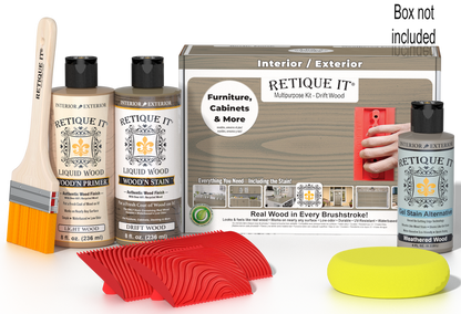 Retique It Wood'n Finish Kit in Drift Wood showing the multi-purpose kit with wood finish containers and application tools.