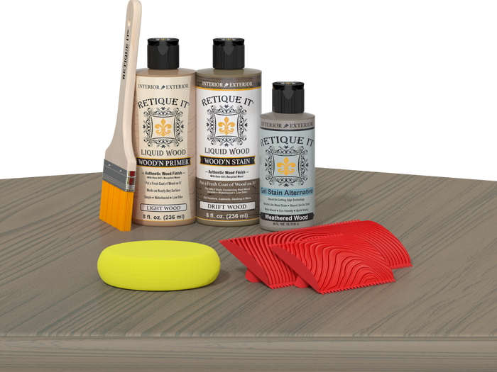 Retique It Wood'n Finish Kit in Drift Wood, a multi-purpose kit with wood finishing supplies on a table.