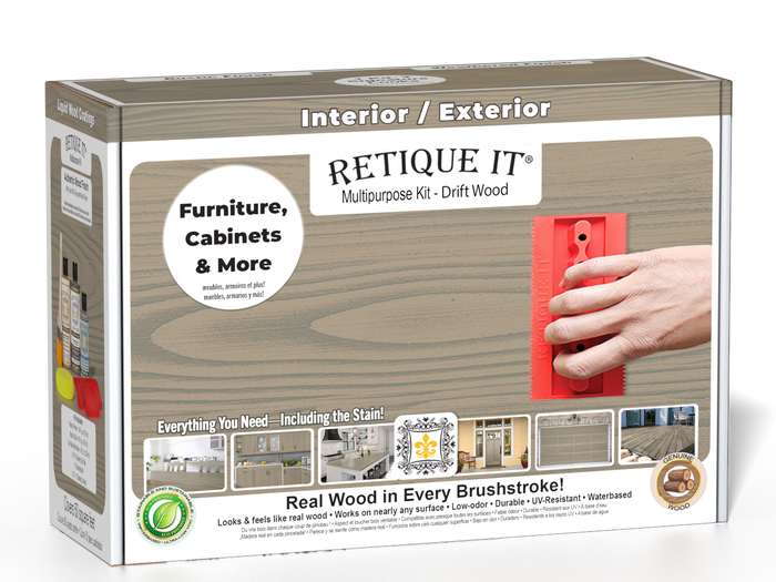 Retique It Wood'n Finish Kit in Drift Wood, multi-purpose kit with brushes and finishes for wood projects, shown in the box.