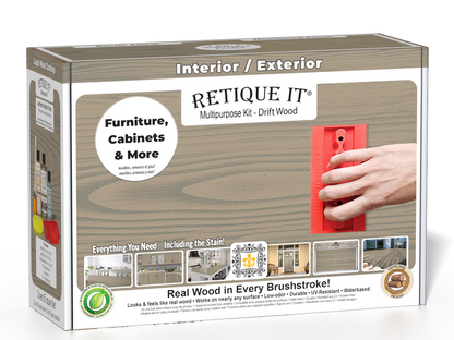 Retique It Wood'n Finish Kit in Drift Wood, multi-purpose kit with brushes and finishes for wood projects, shown in the box.