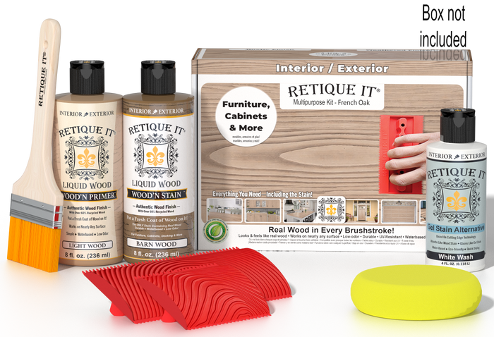 Retique It Wood'n Finish Kit in French Oak for multi-purpose wood finishing, featuring a box with various wood stain and finish products.