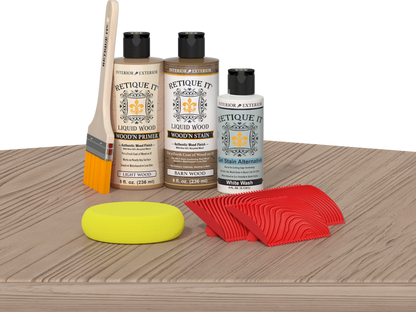 Retique It Wood'n Kit in French Oak finish, featuring multi-purpose wood finishing products on a table display.