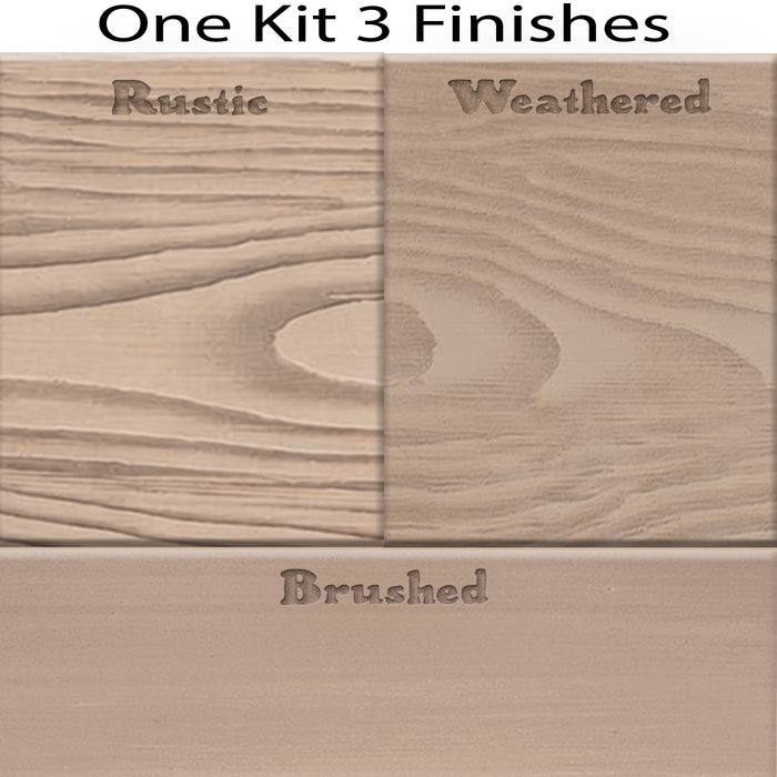Swatch of Retique It Wood'n Kit in French Oak finish showing three different wood finish samples on a surface.