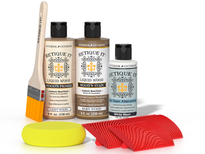 Retique It Wood'n Finish Kit in French Oak for multi-purpose wood finishing, featuring wood stain and finish components.