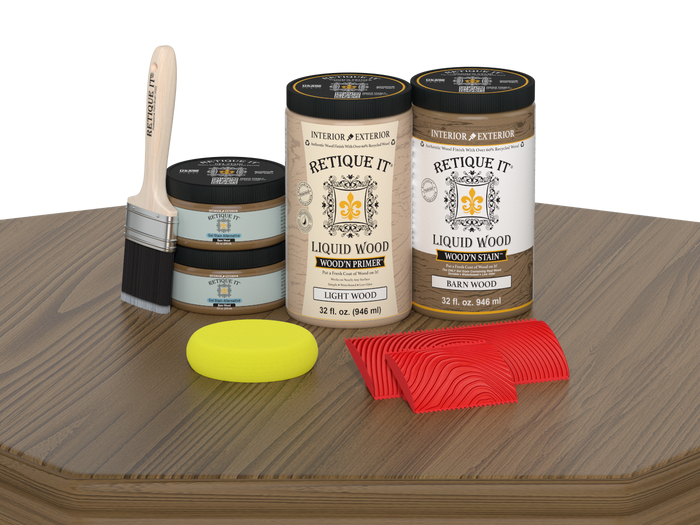 Large Barn Wood Wood'n Finish Kit by Retique It with wood stain and finish products on a table, ideal for multi-purpose woodworking projects.