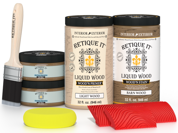 Large Barn Wood Multi-purpose Wood'n Finish Kit by Retique It featuring wood finish application tools and sample wood panels.