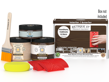 Black Walnut Wood'n Finish Kit by Retique It in medium size, includes wood finish products and application tools with box.