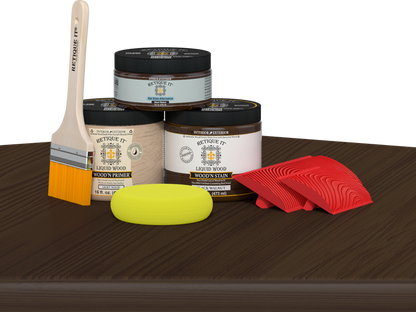 Retique It Wood'n Finish Kit in Black Walnut, medium-sized, with wood stain and finish products on a table.