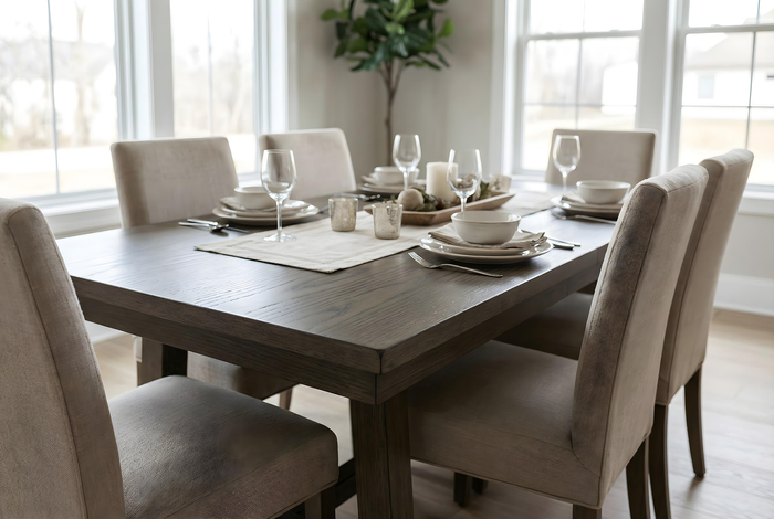 Dining table set with plates, glasses, and candles in a bright room with large windows.